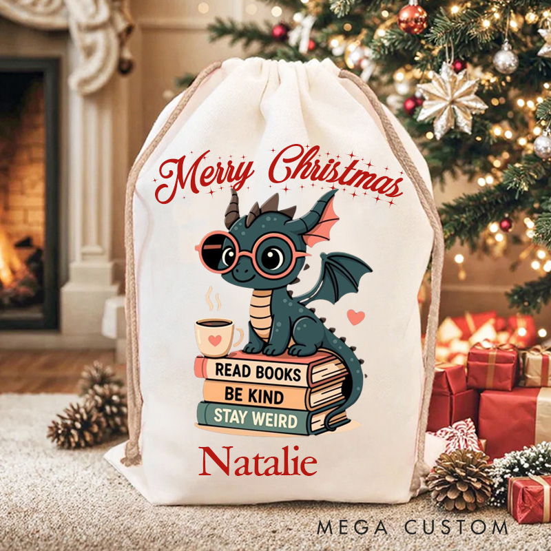 Personalized Read Books Be Kind Stay Weird Christmas Bag Dargan Santa Sack for Kids Bookworm Xmas Sack with Name Book Lover Gift
