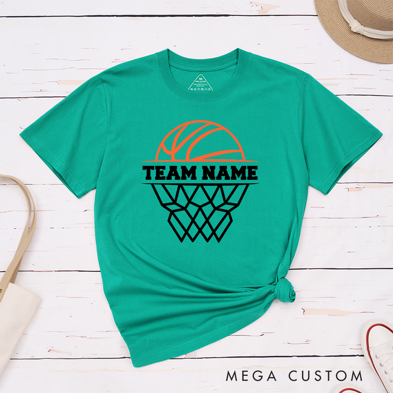 Personalized Basketball Team T-Shirt Design Featuring Custom Team Name Bold Text Dynamic Orange Basketball Graphic and Stylized Hoop Illustration