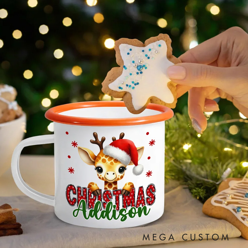 Personalized Christmas Santa Hat Cute Animal 12 oz Multicolor Enamel Mug with Name Christmas Gift