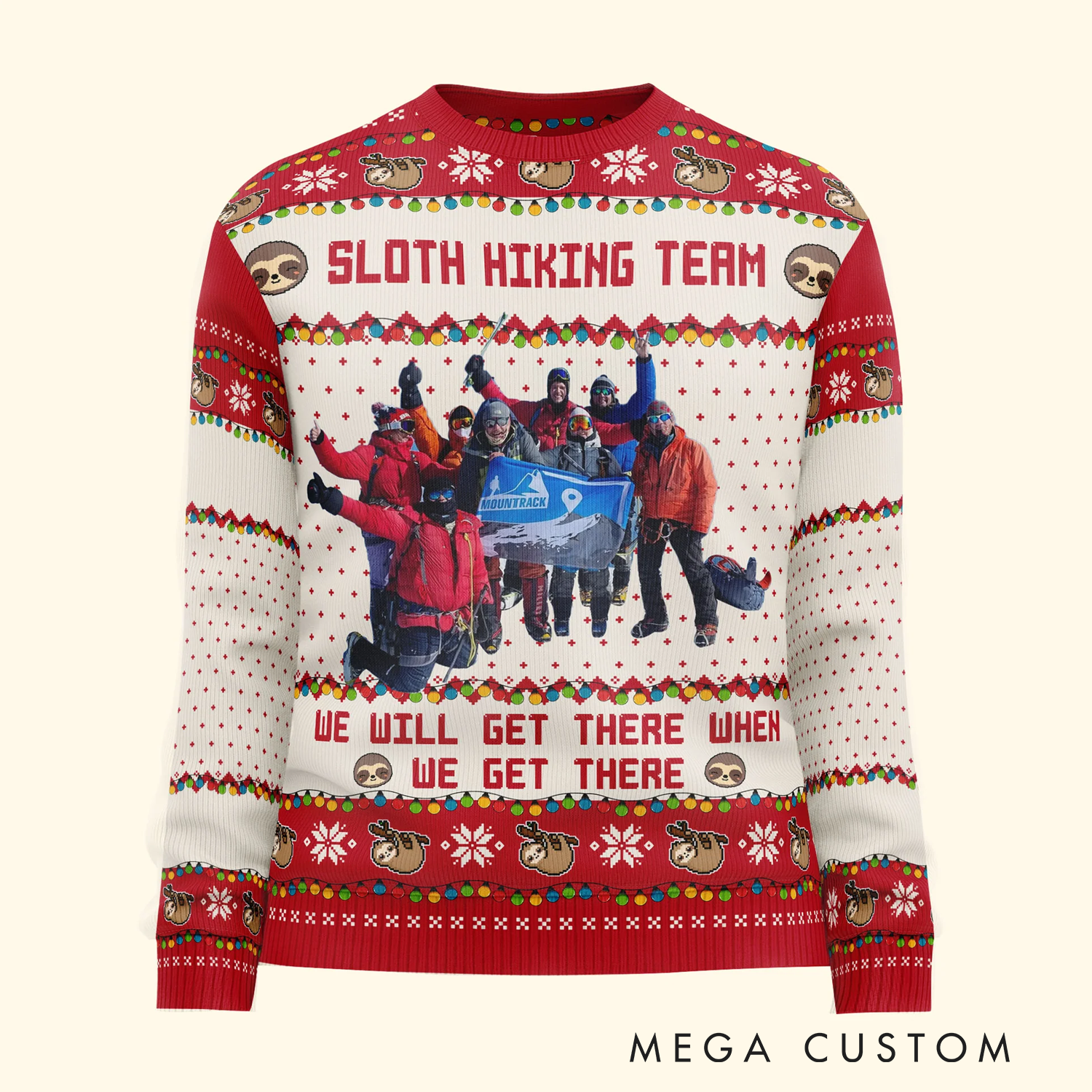 Personalized Sloth Hiking Team Ugly Sweater Custom Hiking Photo for Team Hiking Lovers Ugly Sweater Christmas Gift for Outdoor