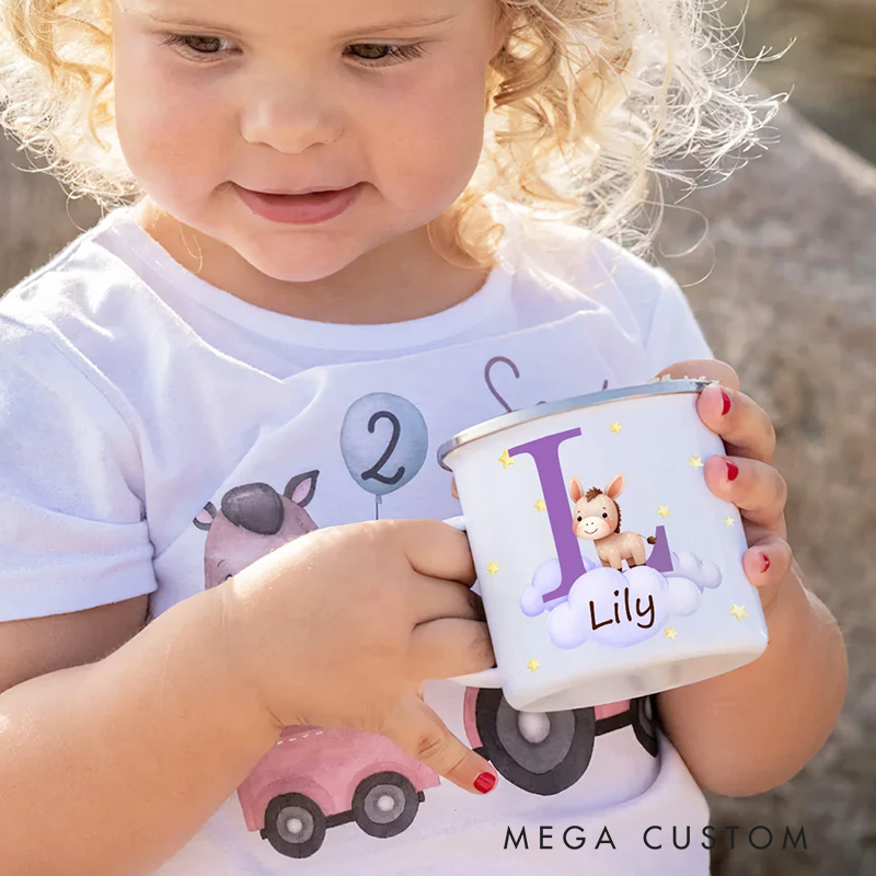 Personalized Cute Bear Dinosaur Cartoon Forest Animal 12 oz Colored Rim Enamel Mug with Initial and Name Birthday Gift