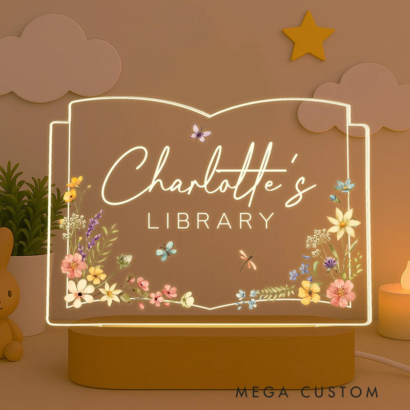 Personalized Book Lover LED Night Light Bookshelf Decor Sign Light with Name Book Shape Flower Light Bookworm Gift Book Lover Gift Bookish Gift