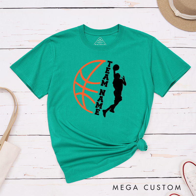 Personalized Basketball Team T-Shirt Design Featuring Custom Team Name Player Silhouette Bold Orange Basketball Graphic