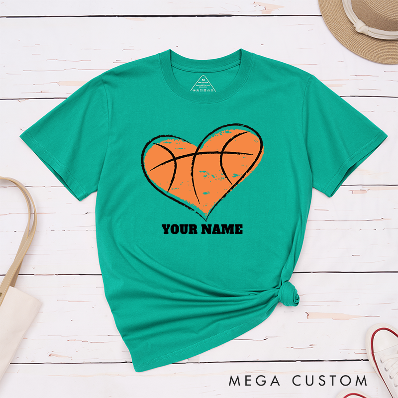 Personalized Basketball T-Shirt Design Featuring Heart Shaped Basketball Graphic Customizable Name Bold Text and Distressed Artistic Style