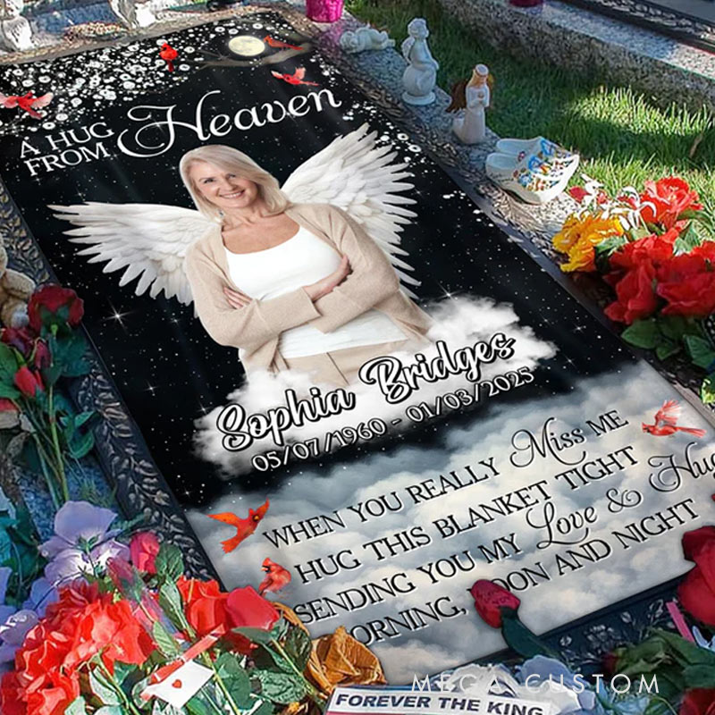 Personalized Memorial Grave Blanket Give A Hug From Heaven Memorial Photo Blanket Custom Photo Waterproof Blanket Remembrance Gift