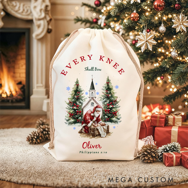 Personalized Every Knee Shall Bow Nativity Scene Santa Sack with Name Drawstring Christmas Tree Gift Bag Jesus Religious Christmas Gift for Christian