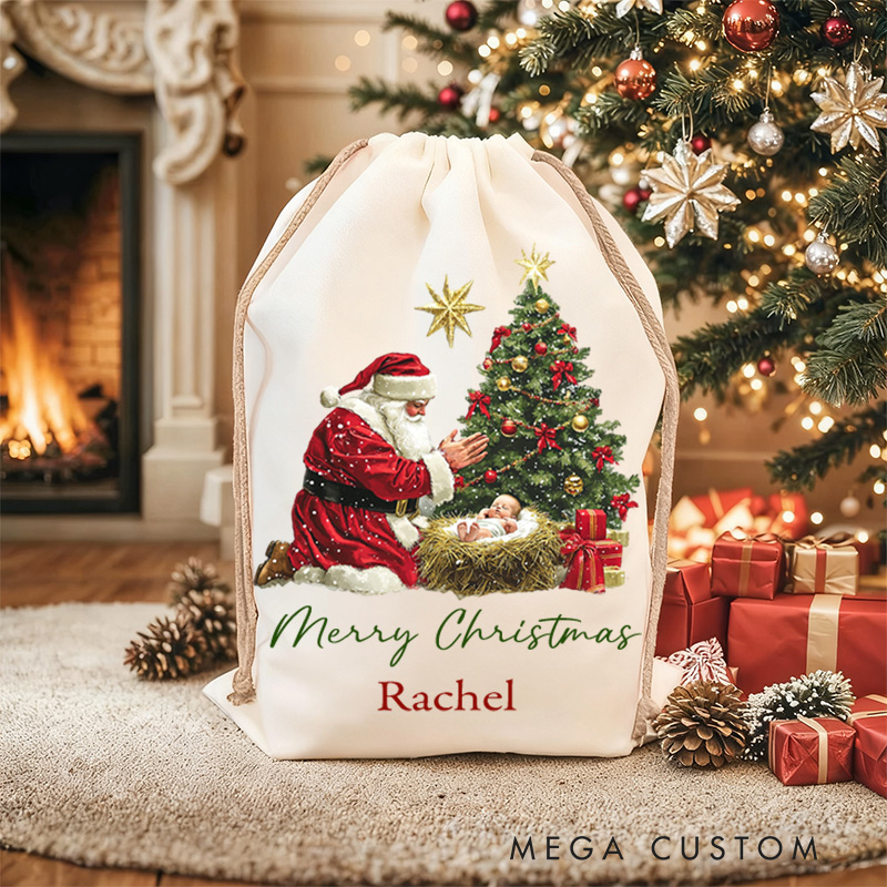 Personalized Nativity Scene Drawstring Canvas Christmas Gift Bag with Name Text Christmas Party Gift Religious Gift