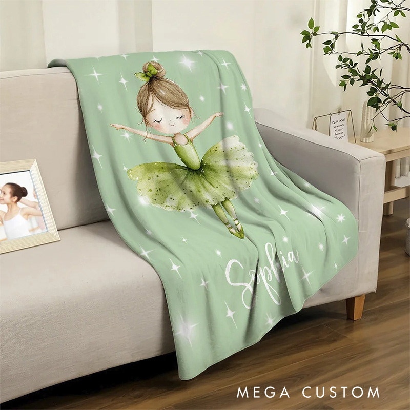Personalized Cartoon Ballerina Girl Blanket Flannel Blanket Ballet Lover Blanket with Name for Dance Lovers Dancer