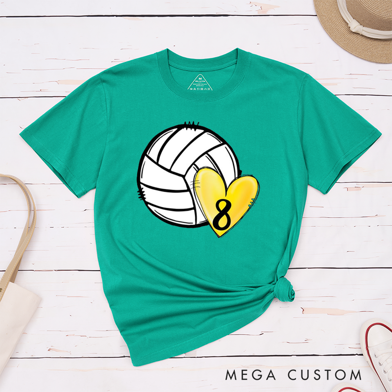 Personalized Volleyball T-Shirts with Colorful Heart Designs Featuring Your Number