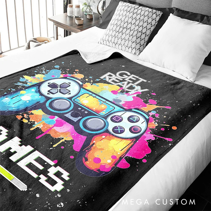 Personalized Color Ink Get Ready Gamepad Blanket Flannel Blanket Gaming Blanket with Name for Game Lovers Gamer