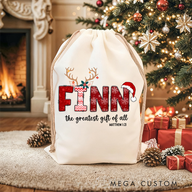 Personalized the Greatest Gift of All Drawstring Canvas Christmas Gift Bag with Name Text Christmas Party Gift Religious Gift