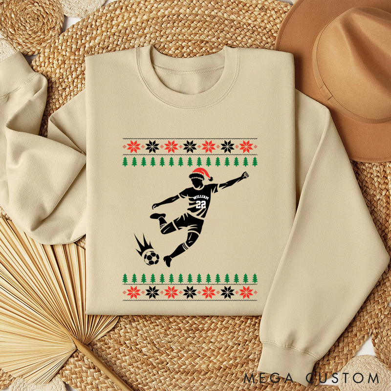 Personalized Soccer Player Christmas Sweatshirt with Festive Design and Custom Name
