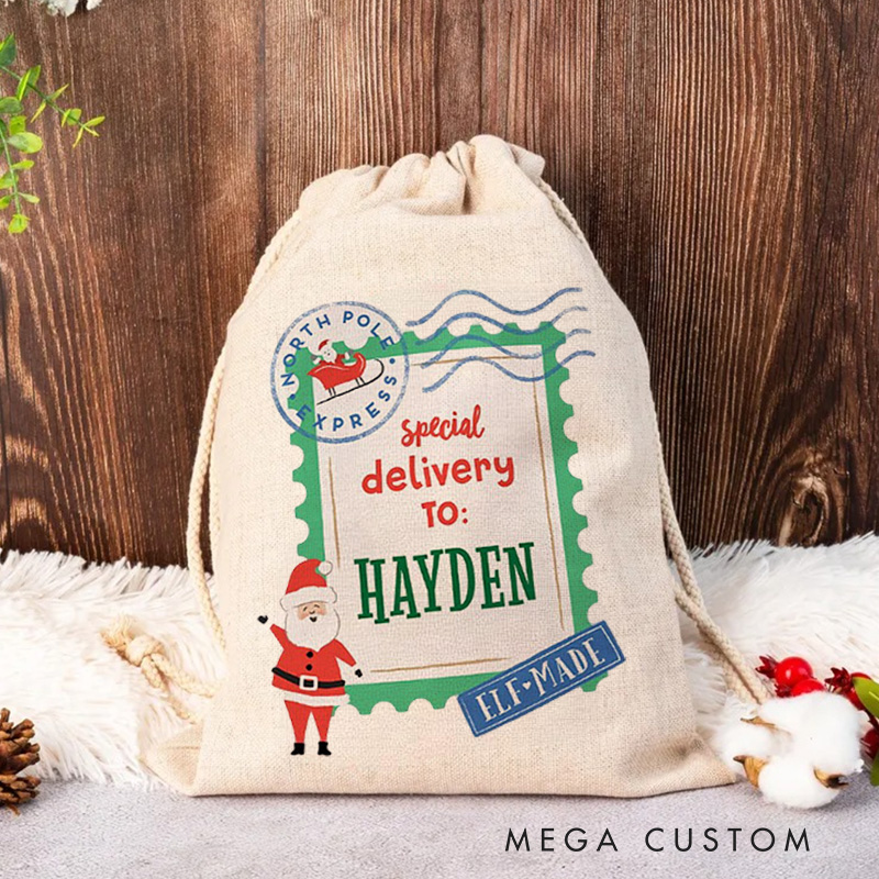 Personalized Special Delivery Christmas Bag with Elf Design and Name for a Magical Holiday Gift Experience