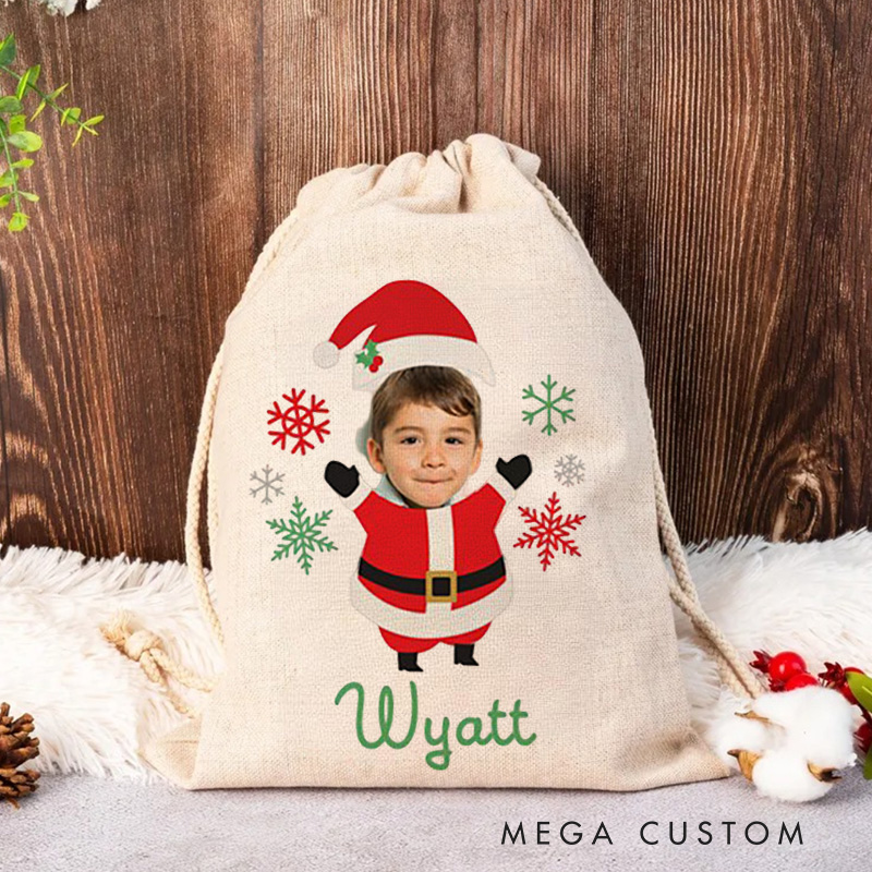 Personalized Photo Face Christmas Bag with Festive Elf Outfit and Name for a Joyful Holiday Surprise