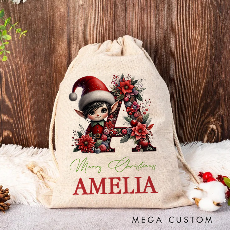 Personalized Cute Christmas Elf Floral Initial Ceramic Christmas Sack with Name Christmas Decor Gift
