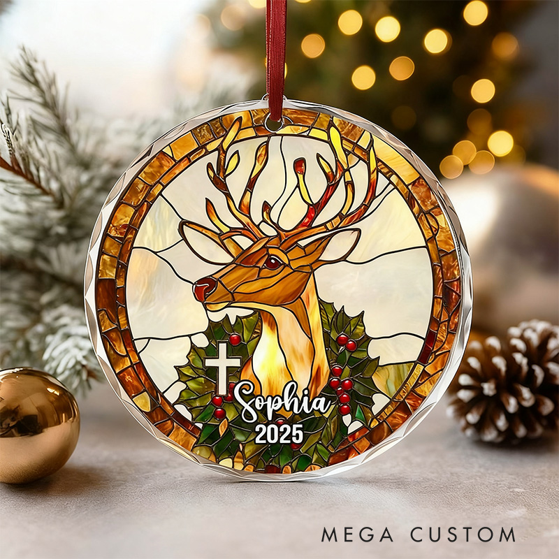 Personalized Santa Snowman Christmas Tree Cross Nativity Stained Glass Christmas Ornament with Name and Year Tree Decoration Christmas Christian Gift