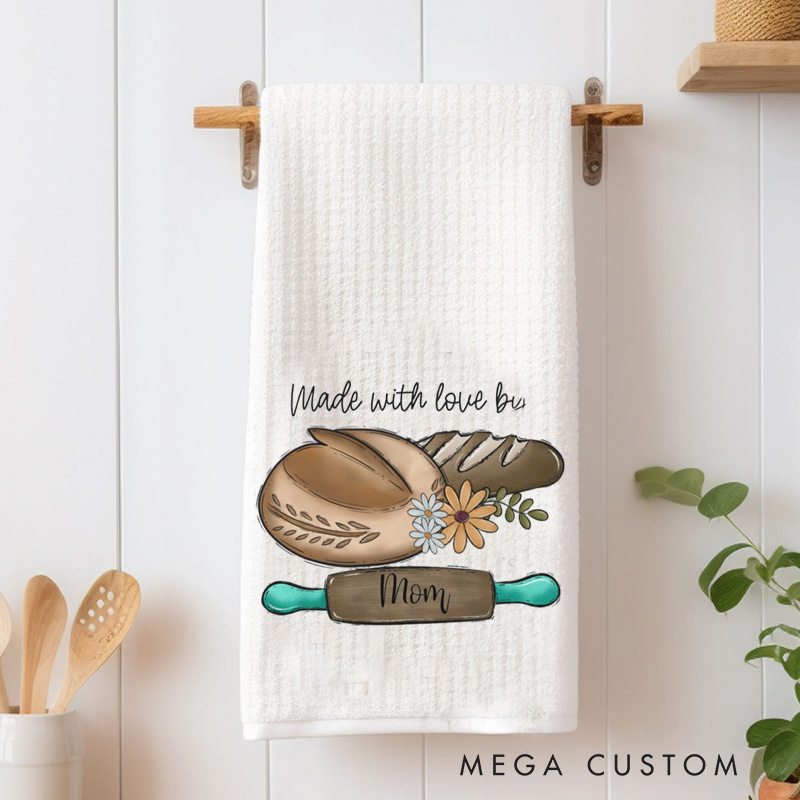 Personalized Made with Love Baking Kitchen Towel Custom Bread Themed Tea Dish Towel Hand Kitchen Towel Gift for Baking Lover