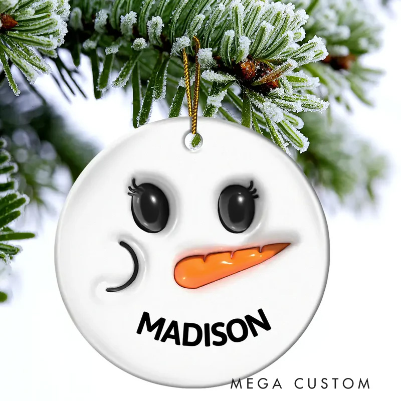 Personalized Snowman Smile Name 3D Inflated Effect Printed Combo Circle Ceramic Ornament Set