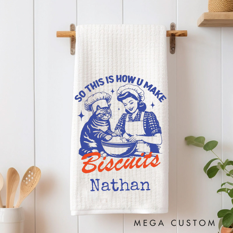 Personalized So This is How You Make Biscuits Baking Kitchen Towel Retro Cat Making Biscuits Tea Dish Towel for Mom Baking Lover Gift