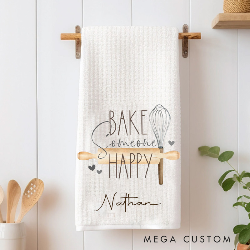 Personalized Bake Someone Happy Kitchen Towel Kitchen Rolling Pin Dish Towel Kitchen Tool Hand Towel for Baking Lover Gift