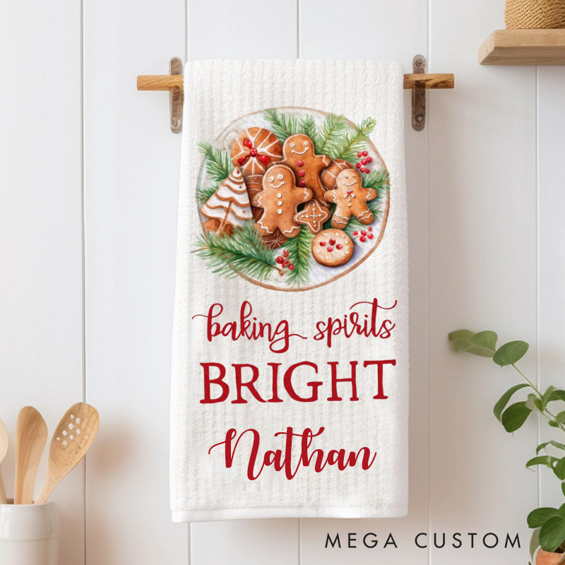 Personalized Baking Spirits Bright Kitchen Towel Christmas Cookies Dish Towel with Name Holiday Baking Hand Towel for Baking Lover Gift