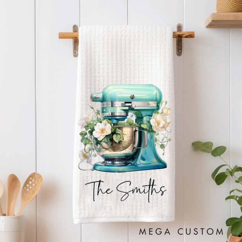 Personalized Aqua Floral Mixer Kitchen Towel Bakers Dish Towel with Name Kitchen Tool Hand Towel for Baking Lover Gift