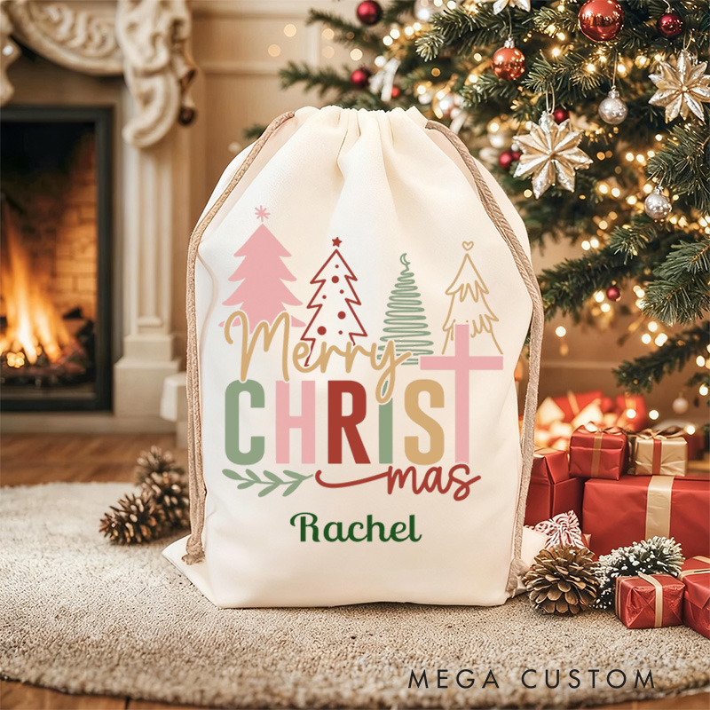 Personalized Merry Christmas Drawstring Canvas Christmas Gift Bag with Name Christmas Party Gift Religious Gift