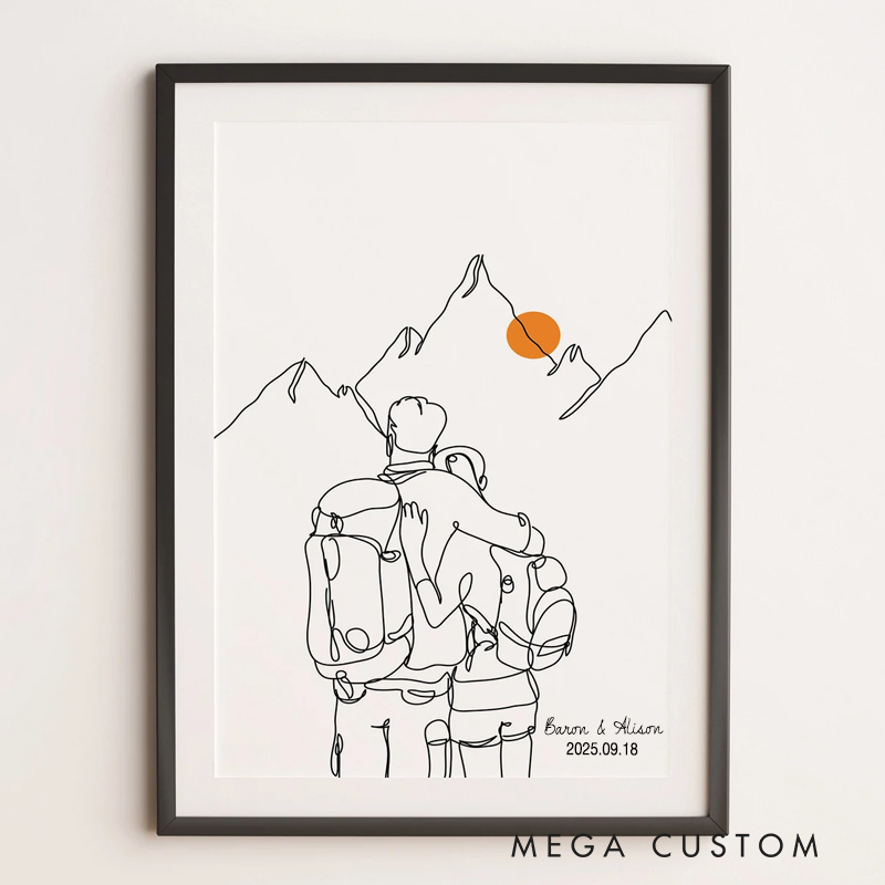 Personalized Minimalist Couple Hiking Line Art Friends Poster Room Decoration Trek Hike Walk Wall Art Outdoor Adventure Lover Gift
