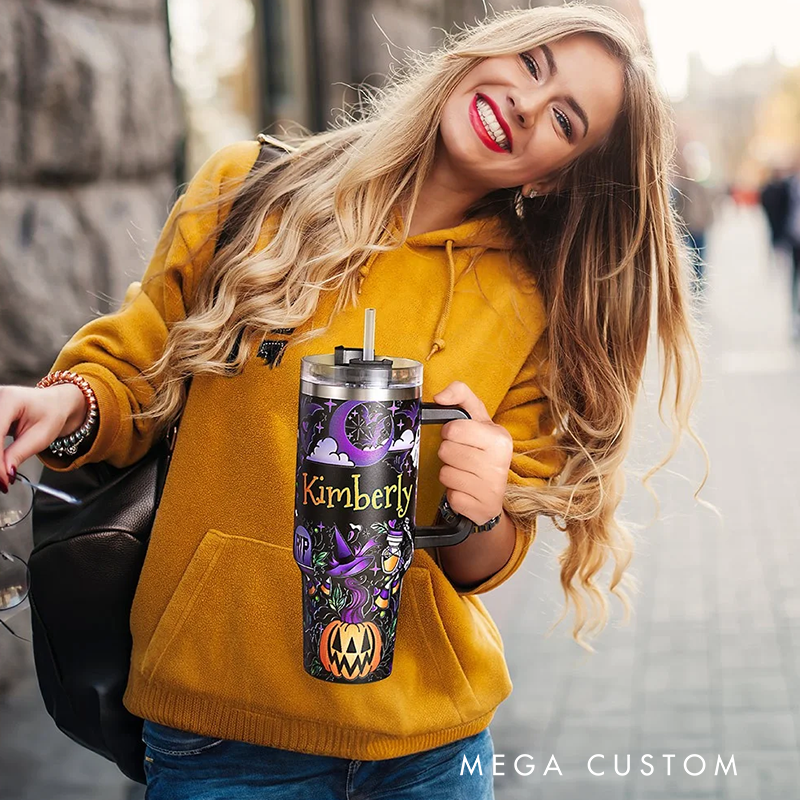 Personalized Name Halloween Ghost Pumpkin Tumbler 40oz Stainless Steel Halloween Spooky Tumbler with Lid Straw Halloween Gift