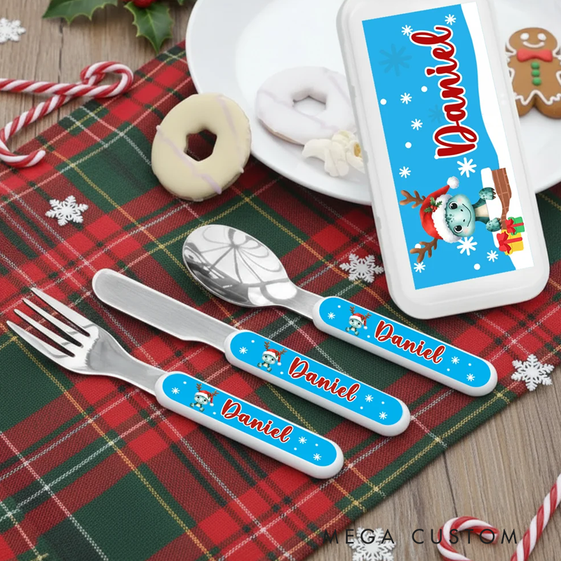 Personalized Cartoon Animal Snowflake Santa Hat Food-Grade Kid's Fork Spoon Knife 3 Pcs Cutlery Set with Name Christmas Party Gift 