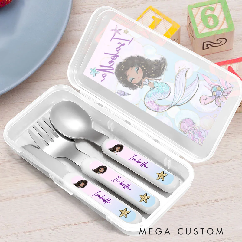 Personalized Fantasy Mermaid Kid's Fork Spoon Knife 3 Pcs Cutlery Set with Case and Name Birthday Gift