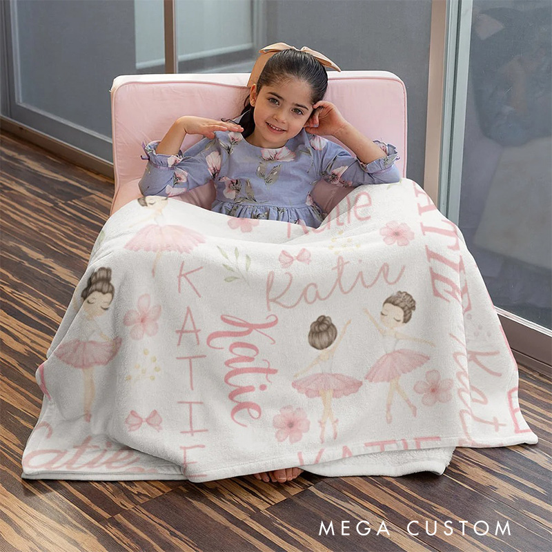 Personalized Cute Pink Ballet Girl Blanket Flannel Blanket Ballet Lover Blanket with Name for Dance Lovers Dancer