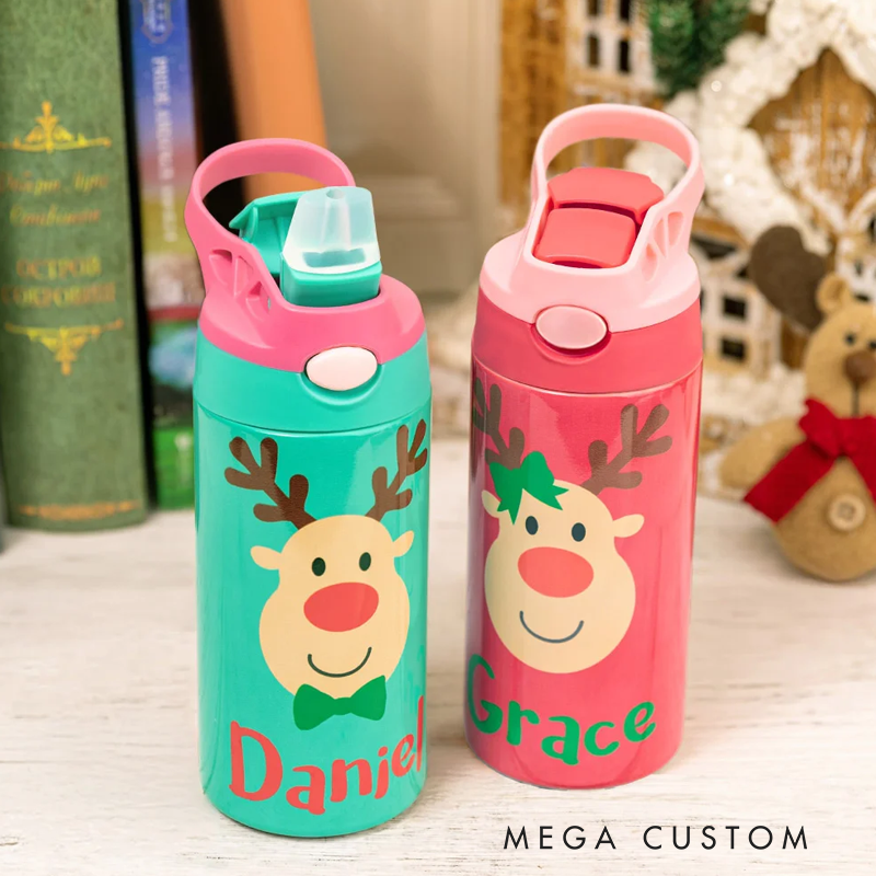 Personalized Colorful Reindeer 12oz Water Bottle with Name and Silicone Straw Birthday Christmas Gift