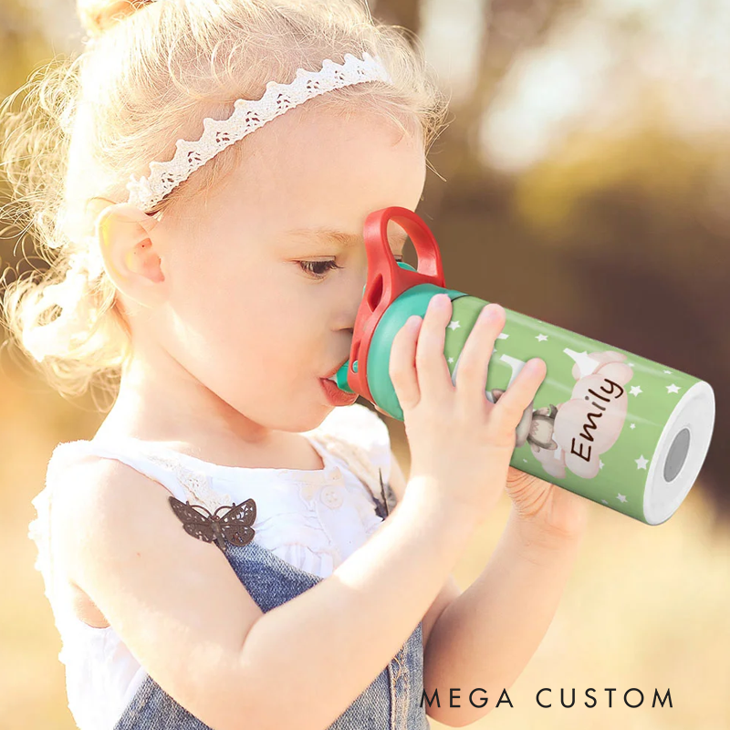 Personalized Initial Cute Forest Animal 12oz Kid Insulated Name Water Bottle with Handle and Silicone Straw Birthday Back To School Gift 