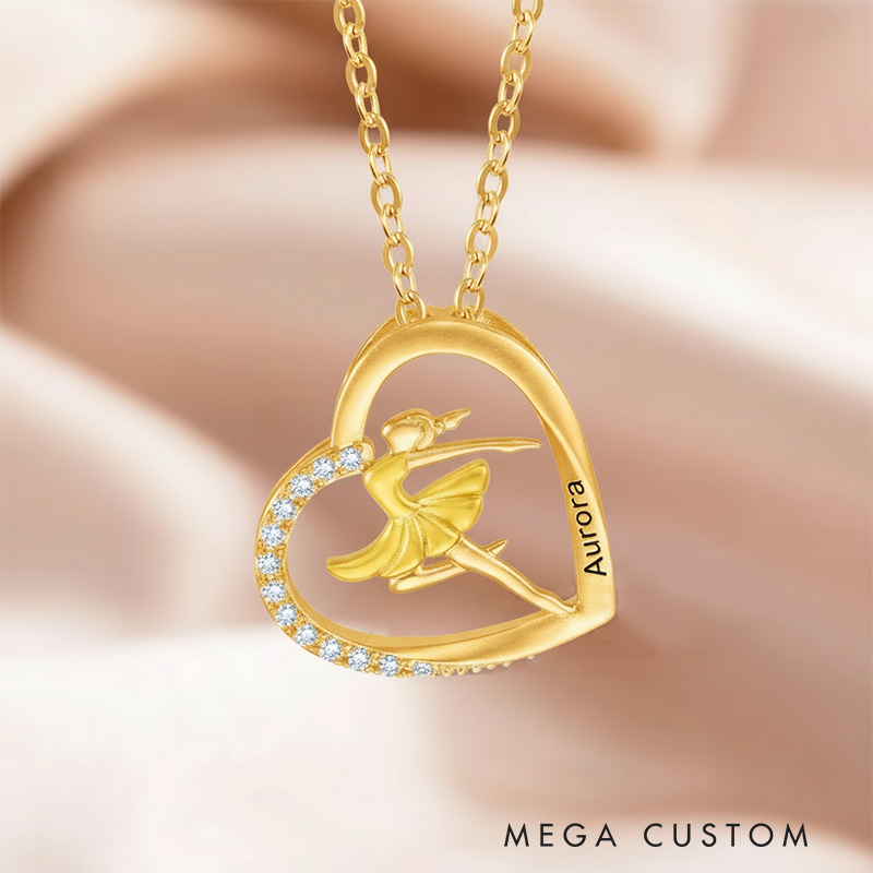 Personalized Ballet Dancing Girl Necklace Engraved Name Heart Pendant Jewelry Gift for Ballerina Dancer Dance Lovers