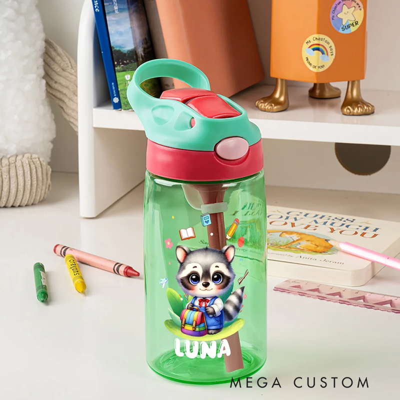 Personalized Cartoon Bear Lion Animals Name 16 oz Water Bottle with Straw and Handle Outdoor Supplies Back to School Birthday Gift for Boys Girls