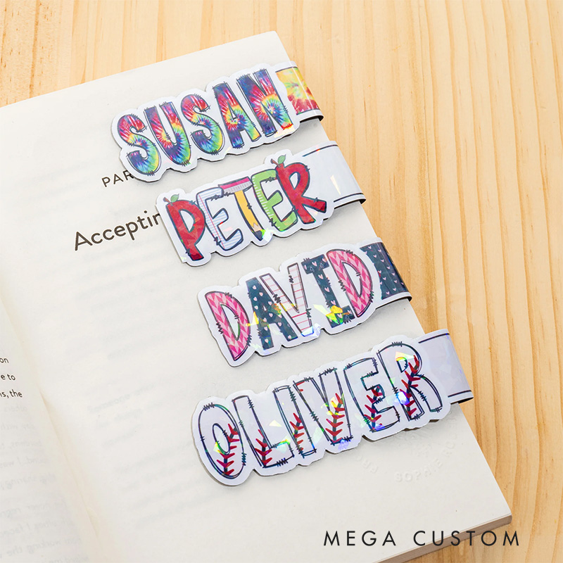 Personalized Set of 2 Doodle Magnetic Bookmarks Clips with Name Bubble Floral Letter Bookmarks Gift for Book Lover