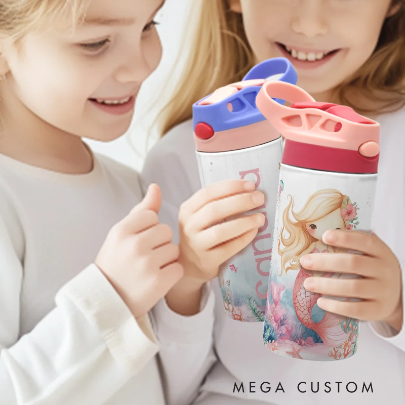 Personalized Pink Mermaid 12oz Insulated Kid Water Bottle with Name and Silicone Straw Back to School Birthday Gift