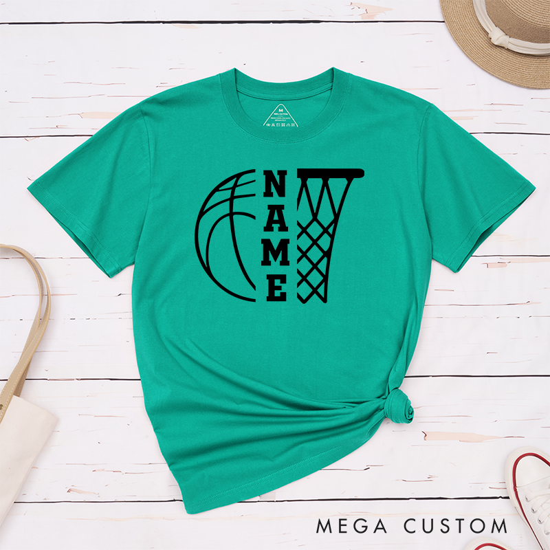 Personalized Basketball T-Shirt Design Featuring Basketball and Hoop Graphic with Vertical Customizable Name