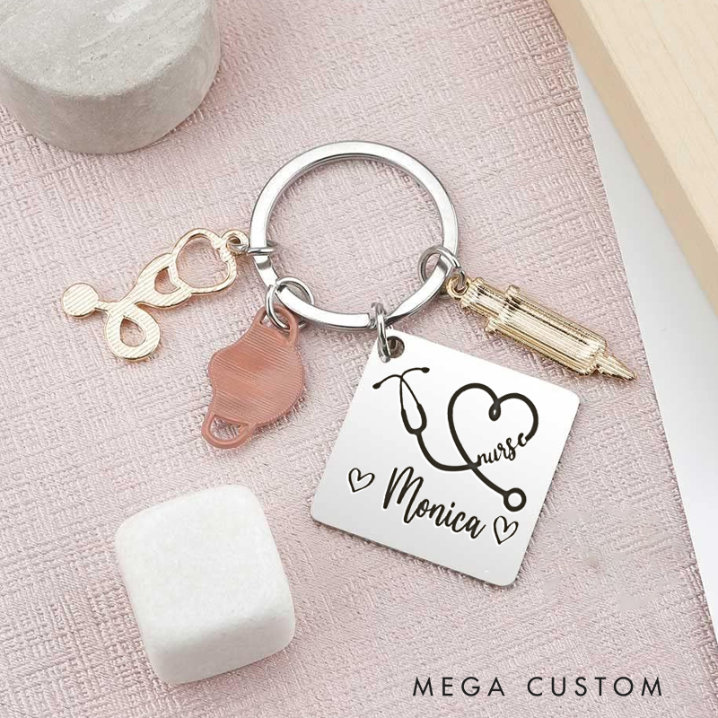 Personalized Nurse Keychain with Stethoscop Custom Stainless Steel Keychain Graduation Thank You Gifts