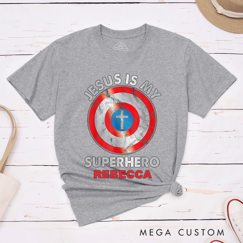 Personalized Jesus is My Superhero Cotton T-Shirt with Name Christian Unisex Classic T-Shirt Pastor Appreciation Gift Religious Gift for Jesus Lover