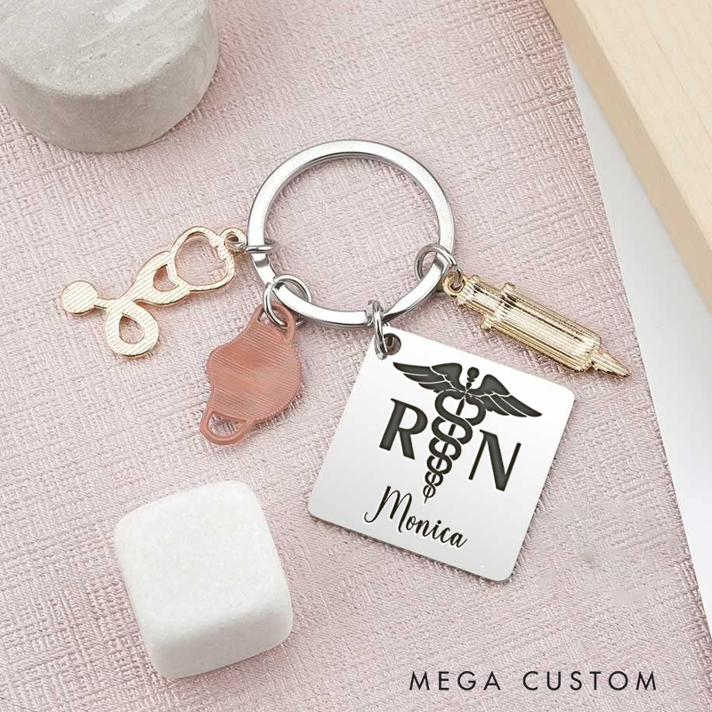 Personalized RN Design with Caduceus Keychain Custom Stainless Steel Keychain Graduation Thank You Gifts