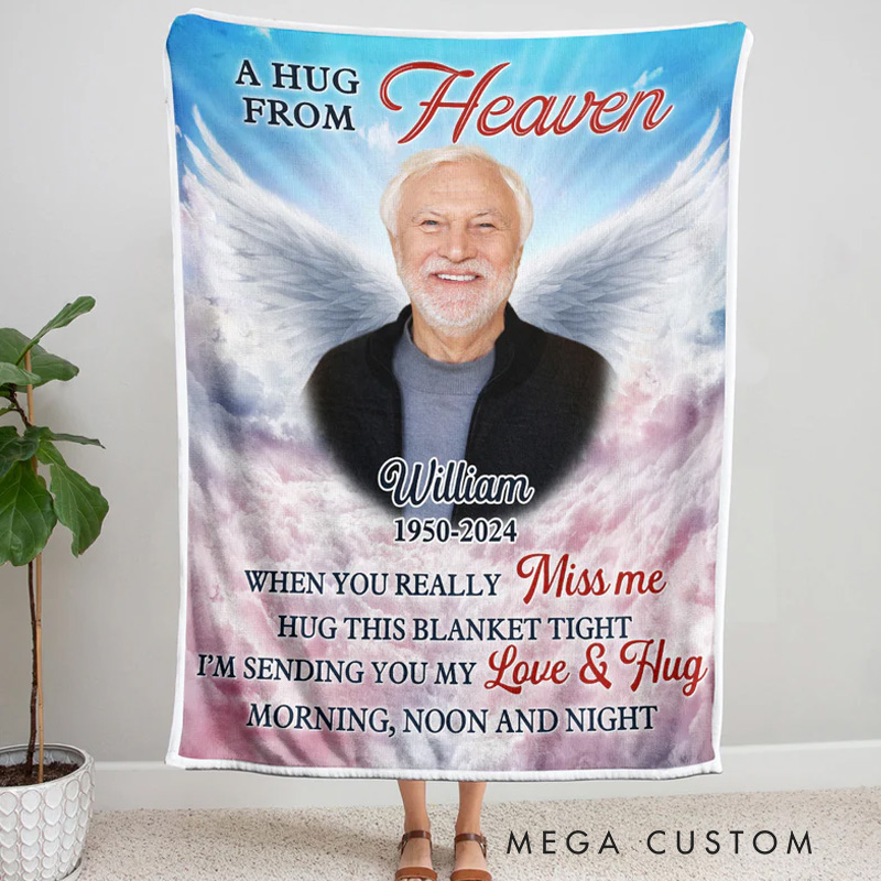 Personalized Angel Wings A Hug From Heaven Photo Blanket Custom Memorial Throw Blanket Sympathy Gift for Loss of Loved One