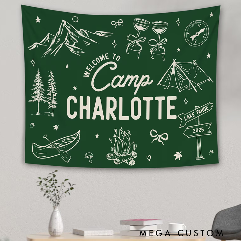 Personalized Camp Bachelorette Tapestry Custom Camp Bach Banner Lake Bach Camp Birthday Party Welcome Sign Outdoors Camping Bachelorette Gift
