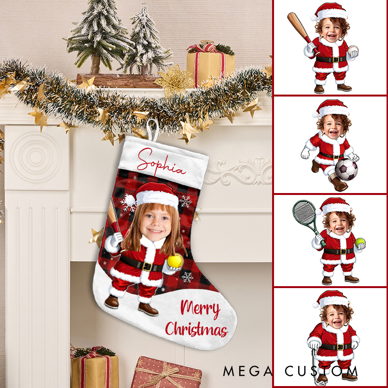 Personalized Plaid Christmas Stocking with Sporty Santa Photo and Name  