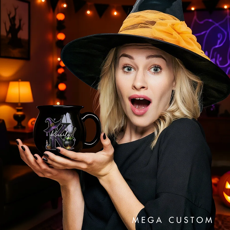Personalized Magic Pot and Witch Hat Glitter Initial Black Cauldron Ceramic Coffee Mug with Name Trick or Treat Halloween Party Gift