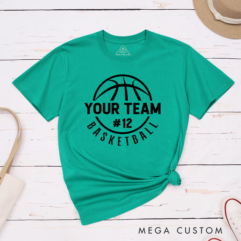 Personalized Basketball T-Shirt Design Featuring Custom Team Name Circular Basketball Graphic Player Number and Stylish Arched Text