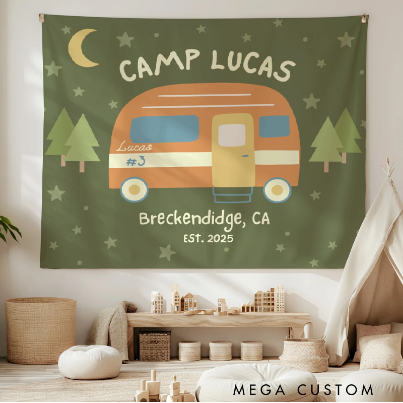 Personalized Camp Birthday Party Sign Tapestry One Happy Camper Banner Camp Themed Birthday Decor Custom Camp Tapestry Wild One Birthday Decorations