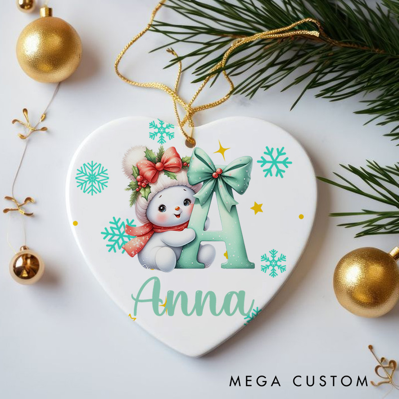 Personalized Cute Cartoon Santa Hat Snowman Initial Ceramic Christmas Ornament with Name Christmas Gift