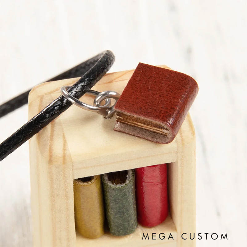 Personalized Handmade Miniature Bordeaux Bookshelf Necklace with Name Wooden Necklace with Name and Leather Books Gift for Bookworms Book Lovers Gift